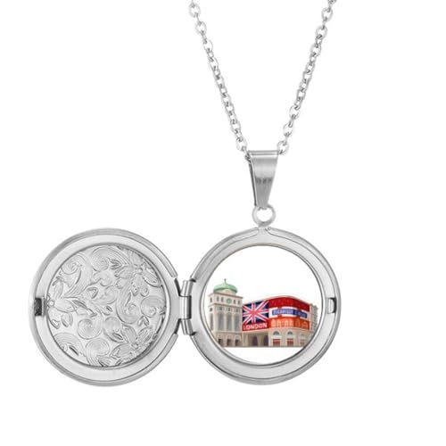 Collier médaillon photo Londres en acier inoxydable argenté pour homme et femme