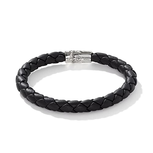 John Hardy Men's Bamboo Silver Bracelet On Black Woven Leather 8Mm, Size M #TOP3