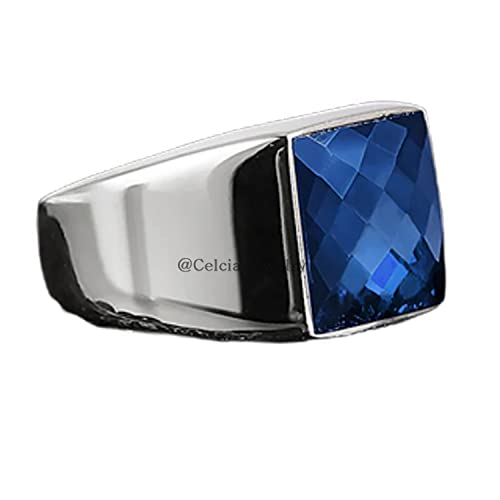 Bague zircon cubique bleu homme argent 925 chevalière large 12mm