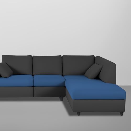 Image of Florian RHS 4 Seater L Shape Sofa Set for Living Room (Blue Black Fabric) Premium Fabric Sofa