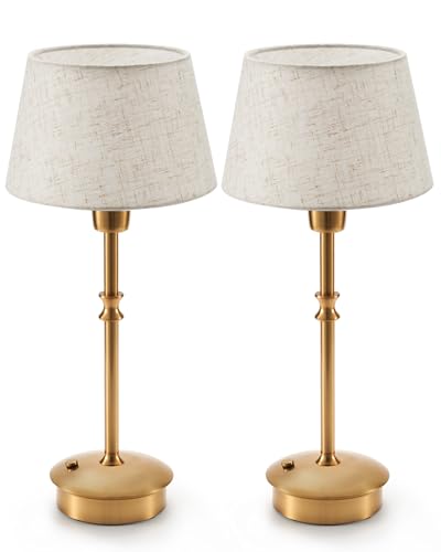 UMEXUS Small Cordless Lamp Rechargeable Table Lamps Set of 2, Dimmable Battery Operated Lights, Portable Accent Light for Side Table Restaurant Dining Outdoor, Beige Fabric Shade, Antique Brass