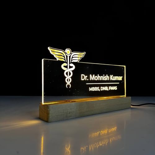 Image of Wood, Acrylic Customized LED Name Plate for Office Desk Table Name Signage Birthday Gift For Doctor Medical Professionals Surgeon Pediatrician Pharmacist Size (10 x 6 inch) (For Doctor), Clear