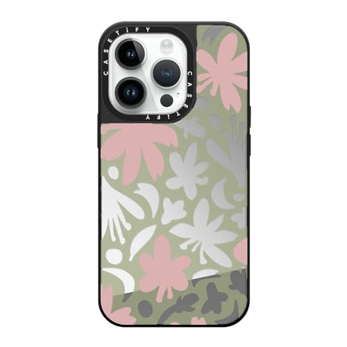 CASETiFY Magsafe �Ή��~���[ iPhone 14 Pro �P�[�X [���ː� / 1.5m����̗����������N���A / Magsafe �ɑΉ�] - Botanical Sakura - �V���o�[ (�u���b�N�o���p�[)