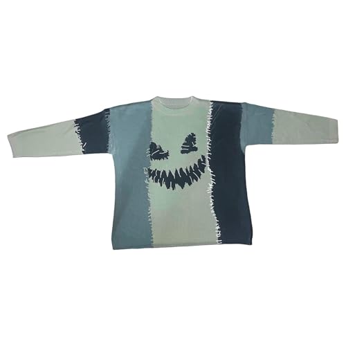 Halloween Sweaters for Women 2025 Spooky Face Print Stitched Cozy Knit Sweater Funny Patchwork Festival Tops3