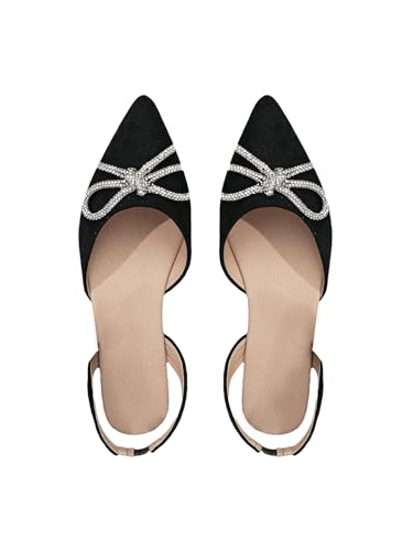 SweatyRocks Women's Rhinestone Pointed Toe Flats Sparkly Bow Decor Flats Dress Shoes