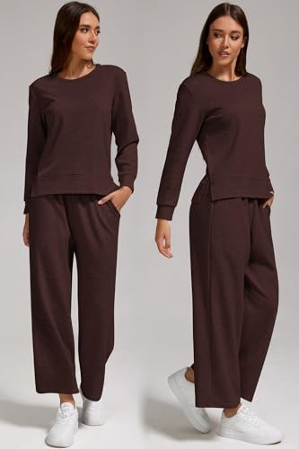 Women’s Air Layer Fabric 2 Piece Set Stylish Long Sleeve Top & Wide Leg 3/4 Pants Lounge Matching Tracksuit3