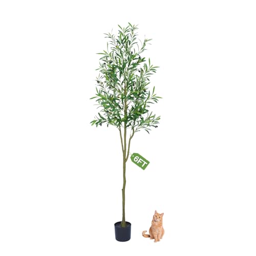 Olive Trees Artificial Indoor, Faux Olive Tree 6FT for Home Office Decor, Artificial Olive Tree Artificial Tree with Realistic Trunk, Branches, Leaves and Fruits, Fake Olive Tree