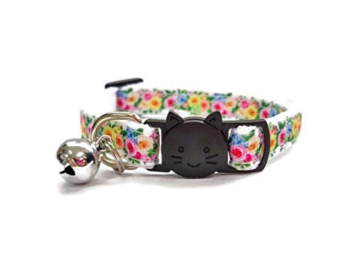 Floral Cat Collars with Bell. Safe, Quick Release Breakaway Buckle Available in Cat Size & Kitten Size. Various Designs Available - Muti Colour Floral — view 2