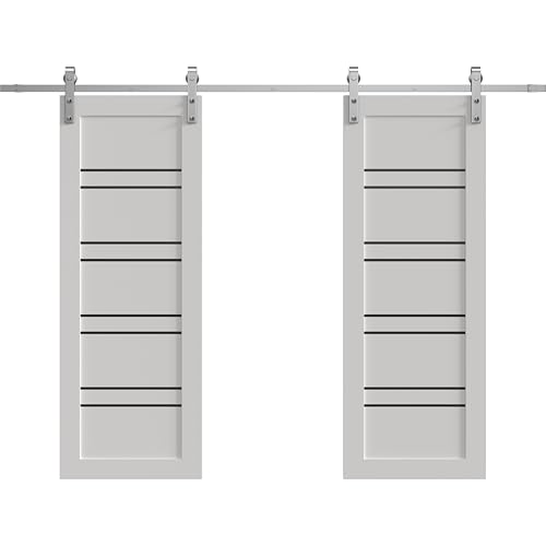 Image of Sartodoors Sliding Interior Door 1094 Double Barn Doors White with Black Opaque Glass Solid MDF Modern Design 64 x 96 in