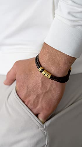 Myka – Personalized Navigator Sterling Silver 925 Men Braid Bracelet With Up To 7 Small Custom Engraved Beads/Leather (Black/Brown) – Gift For Father's Day – Gifts Men Boyfriend Dad #TOP5