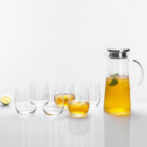 Image of bellemax Premium Water and Juice Glasses Set of 6 and Borosilicate Glass Jug Set Combo,(6 PC Glasses 300ML and 1 Water Jug 1.8 Liter), Transparent, Glass and Jug Set for Dining Table (Traditional- B)