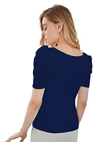 Image of Shasmi Women's & Girl's Polyester Pleated High Neck Short Puff Sleeve Ruched Bust Solid Regular Fit Top