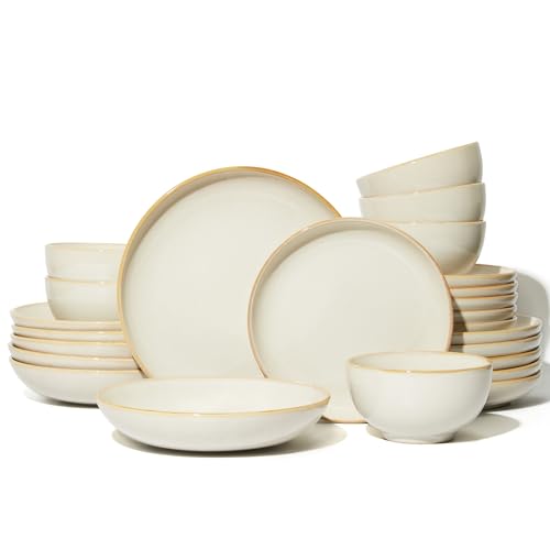 Image of Pokini 24 Piece Double Bowl Dinnerware Sets with Pasta Bowls, Highly Chip and Crack Resistant Plates and Bowls Sets, Natural Earthyware Ceramic Dishware Sets, Service for 6 Yellow White
