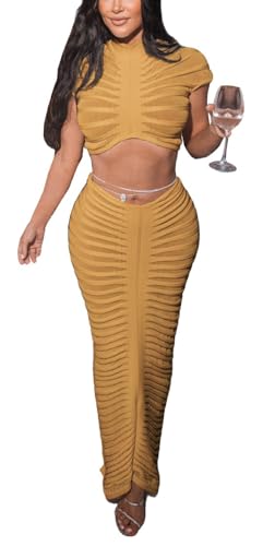 Image of Sexy See Through Long Dress Knitted Sheer Mock Neck Crop Top and Maxi Skirt 2 Piece Outfits Sets