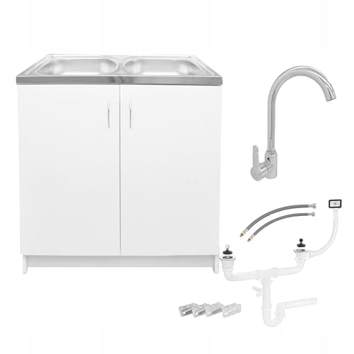 Stamar Möbel Spüle mit Unterschrank 80 cm Weiß Küchenspüle 2-Kammer & Edelstahl-Spülbecken kompakter Spülenunterschrank für Küche Standschrank 49 cm Tiefe Siphon Montagefertig