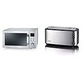 SEVERIN Mikrowelle mit Grill und Heißluftfunktion 3-in-1, silber, MW 7753 & Automatik-Langschlitztoaster, Toaster mit Brötchenaufsatz, Edelstahl-gebürstet/schwarz, AT 2509