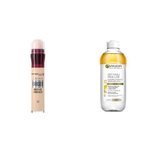 Maybelline New York Instant Anti Age Eraser Kapatıcı, 00 Ivory, 6.8 ml + Garnier Skin Naturals Çift Fazlı Micellar Kusursuz Makyaj Temizleme Suyu (400 ml)