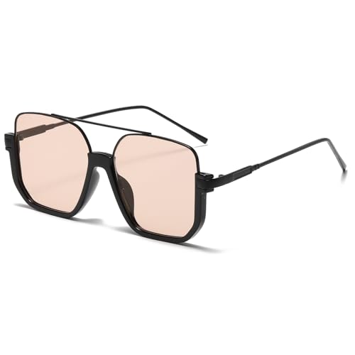 Long Keeper Retro Oversize Pilot Sunglasses for Women Men Aviation Sunglasses Square Double Bridge Sun Glasses Semi-Rimless Vintage Shades UV400 Protection (Black Frame - Light Brown Lens)
