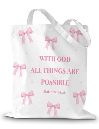 CEASQVAA Christian Gifts for Women Canvas Tote Bag Pink Bow Christian Gift Encouraging Bible Verse Reusable Church Study Tote Bag