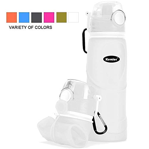 Kemier Collapsible Silicone Water Bottles-750ML,Medical Grade,BPA Free,FDA Approved.Can Roll Up,26oz,Leak Proof Foldable Sports & Outdoor Water Bottles(White)