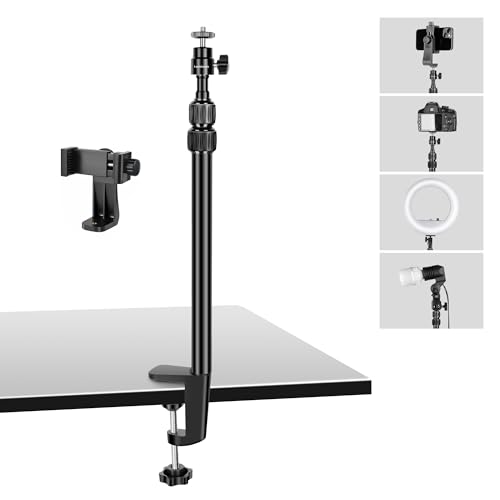 koolehaoda Support de Table pour Appareil Photo, 37cm-80cm Support de Lumière de Bureau, avec Rotule 1/4' & Support de Téléphone pour DSLR Caméra, Smartphone, Lumière LED, Webcam