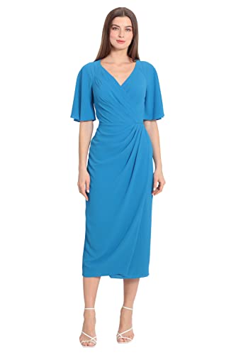 Maggy London Womens Dresses Short Flutter Sleeve Faux Wrap Midi, Brilliant Blue, 0 US