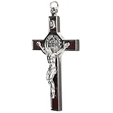 iplusmile Collar Colgante de Cruz de Jesús San Benito de Aleación de Zinc y Madera, Cadena de Collar Unisex, Crucifijo para Oración Católica, Joyería Religiosa para Eventos y Uso Diario