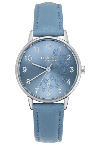 BREIL, Colección Paradise, Reloj para Mujer, Movimiento de Cuarzo Only Time, con Correa de Piel y pequeñas Mariposas en la Esfera Redonda, diámetro 30 mm, Azul Clar