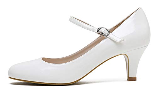 CAMSSOO Women's Mary Jane Kitten Heel Pumps Round Closed Toe Mid Low Heels Office Work Shoes White Patent PU Leather… - Image 4
