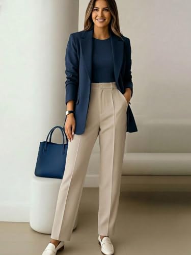 Image of KATECLO Women's Wide Leg Pants | Beige Polyester Trousers | Stylish Korean Clothing | Flared, Straight Fit, Baggy, and Loose Jeggings for Girls and Women