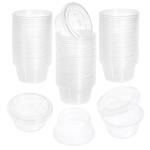 STACKABLES Lot de 100 gobelets en plastique avec couvercles - Réutilisables pour sauce et vinaigrette - 60 ml