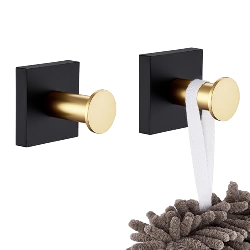 Image of KOKOSIRI Robe Hooks Bath Towel Hooks for Wall Closet Kitchen Hanging Towels Bathroom Hardware Black with Gold Stainless Steel 2 Pack, B1016GDK-P2