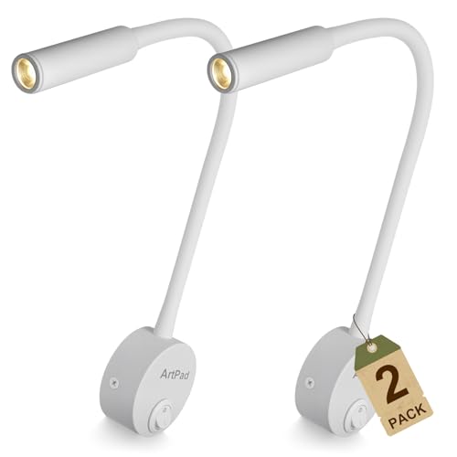 Artpad Paquete de 2 focos de pared blancos, lámpara de curva de cabecera de luz blanca cálida suave, lámpara de noche de lectura minimalista montada en la pared de 3 vatios con interruptor de botón