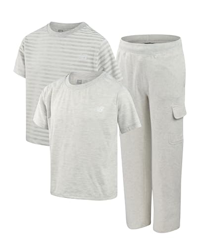 New Balance Girls' Activewear Set - 3 Piece Performance Crewneck T-Shirts and Wideleg Cargo Pants Set for Girls (7-16)