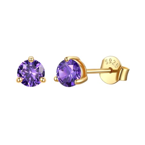 Justbeingcute Amethyst Earrings Stud 14K Gold Plated Purple Stud Earrings 5mm February Birthstone Earrings 0.5ct Deep Purple Round Gemstone Sterling Silver Birthday/Mothers Day Jewelry Gift