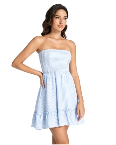 Image of Tsher Tube Top Dress for Women Summer Solid Strapless Mini Dresses Off The Shoudler Ruffle Beach Cover Sundress