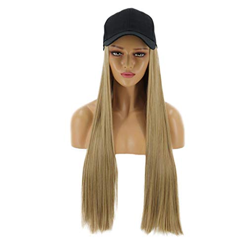Fine Hooded Wig, 30 inch Brown Long Curly Wig Cap Baseball Ball Caps Casual Hat Wig for Cosplay Hat Cap Wig for Women (Gold)