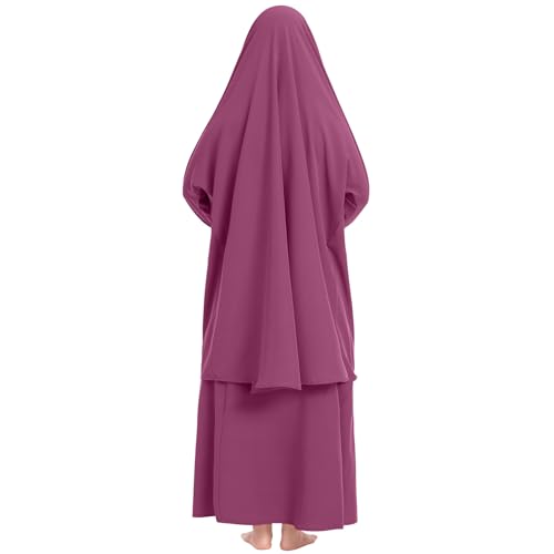 Image of Kids Girls Muslim Islamic Two-piece Outfits Lace Long Sleeve Hijab Dress Abaya and Loose Skirt Full Cover Kaftan