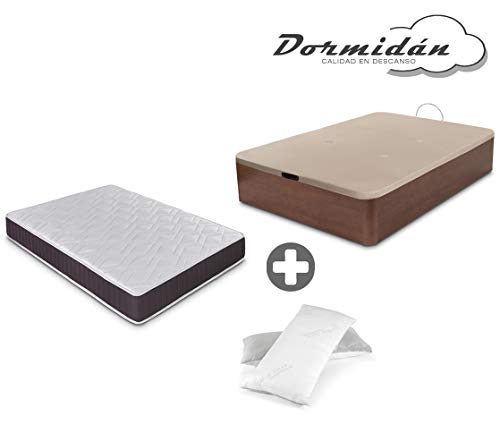 Dormidán - Pack de canapé abatible de Gran Capacidad + colchón viscoelástico + Almohada visco Copos de Regalo (135_x_190_cm, Cerezo)