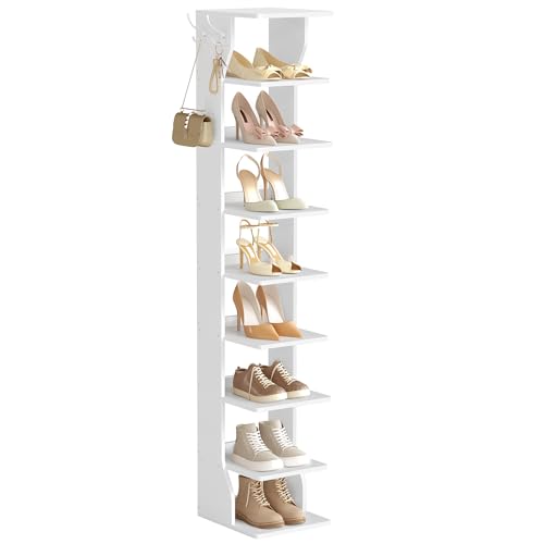 VASAGLE Zapatero, Zapatero de Entrada 9 Niveles, Estante de Zapatos Estrecho, para Pasillo, Esquina, Vestidor, Blanco Mate LBS210WB01