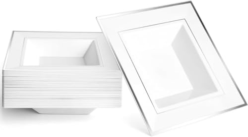 Matana - 20 Ciotole Quadrate Bianche in Plastica con Bordo Argento, 350ml - Piatti Fondi per Matrimoni, Compleanni, Battesimi, Natale, Barbecue, Feste - Resistenti e Riutilizzabili