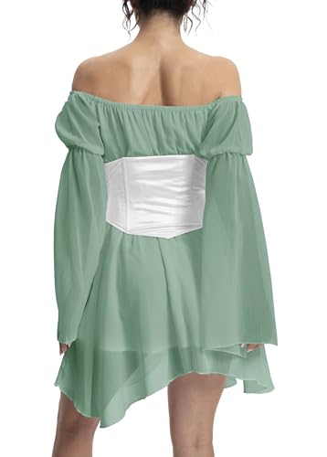 Image of Womens Green Fairy Dress With Corset Off Shoulder Bell Sleeve Lace Up Chiffon Bustier Dress Set XXL