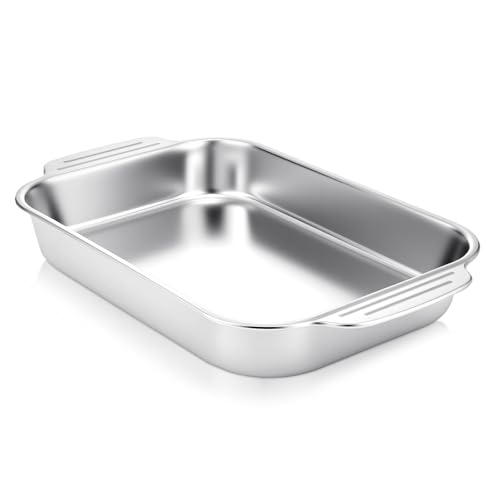 Funnymoom 1 Pcs Stainless Steel Cake Pan 9 x 13 Inch Baking Pan with Handle Rectangle Baking Bakeware for Fish Cakes Breads Casseroles Vegetables Dishwasher Safe