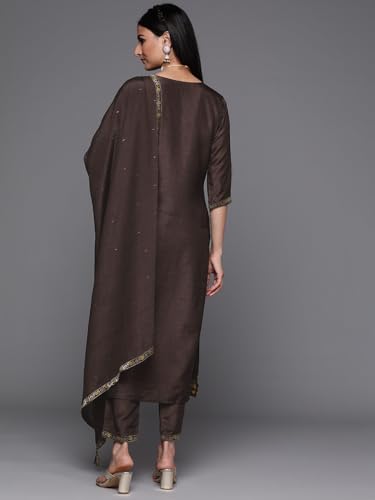 Image of Libas Womens Embellished Silk Blend Straight Kurta With Trousers and Dupatta