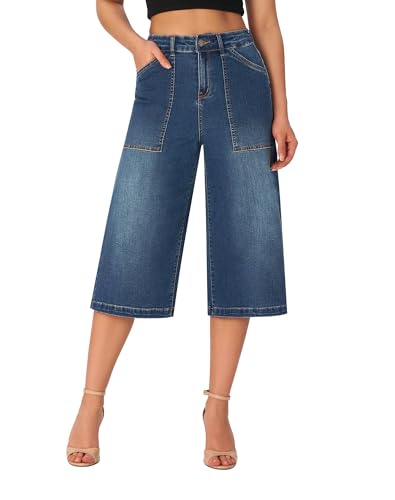 roswear Women’s Wide Leg Capri Pants Stretchy High Waisted Loose Denim Jeans