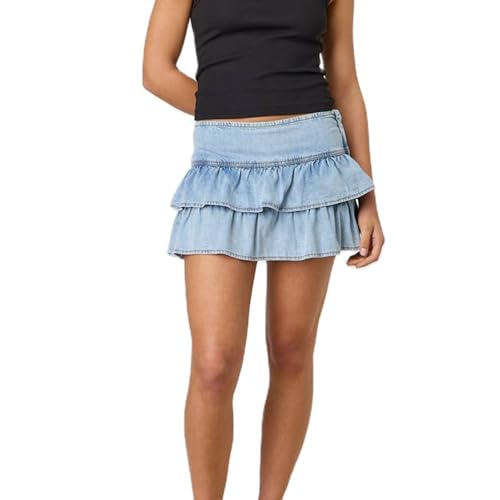 Women's Layered Ruffle Denim Skirts Fashion Mid Waist Jean Mini Skirt Y2K A-line Skirts Streetwear