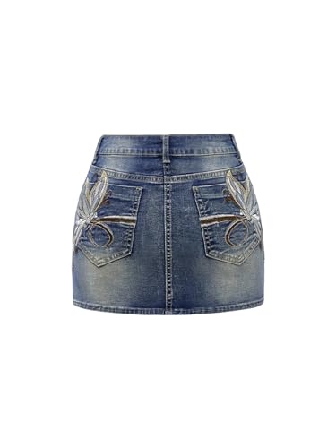 Milumia Women's Butterfly Embroidery Denim Mini Skirt Low Waist Bodycon Jean Skirt with Pockets