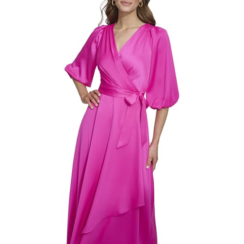 Image of DKNY Women's Balloon Sleeve Satin Faux Wrap Maxi Dress