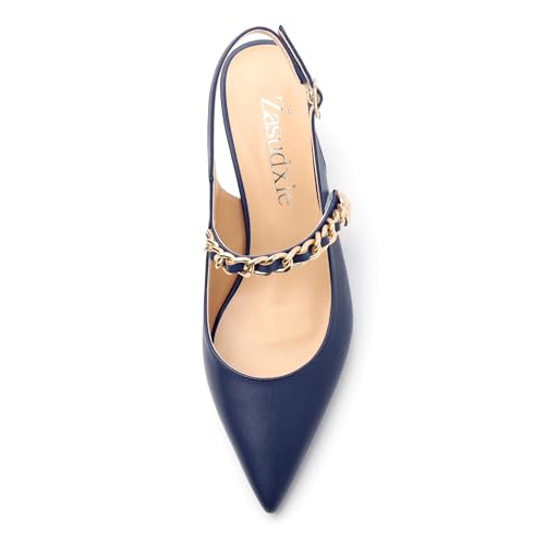 Womens Slingback Pumps, Pointed Toe Mid Chunky Heels Metal Chain Adjustable Strap Buckle Dress Shoes for Ladies Office Wedding Evening 2.5 Inch3