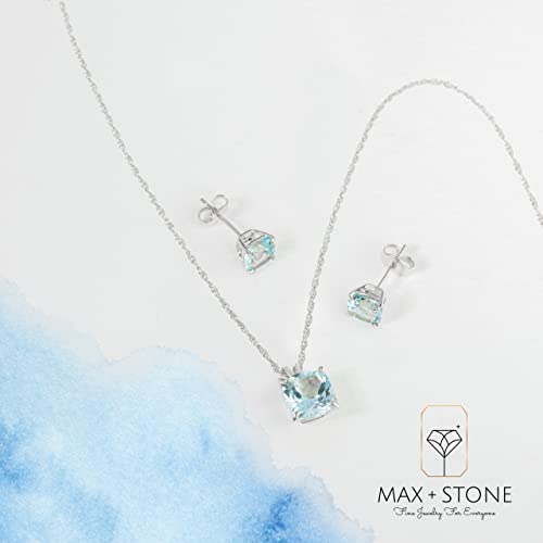 Max + Stone 925 Sterling Silver Cushion Cut Swiss Blue Topaz Jewelry Set For Women December Birthstone Stud Earrings And Pendant Necklace On 18 Inch Chain 6Mm & 8Mm #TOP3